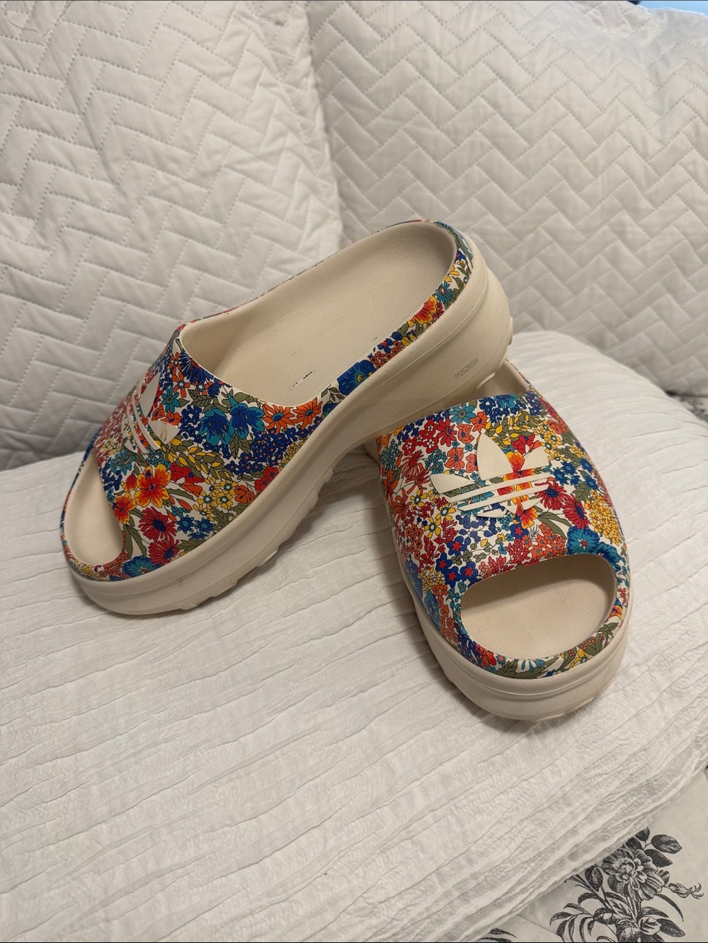 adidas Floral Platform Slide Sandals in Cream with Multicolor Floral Print